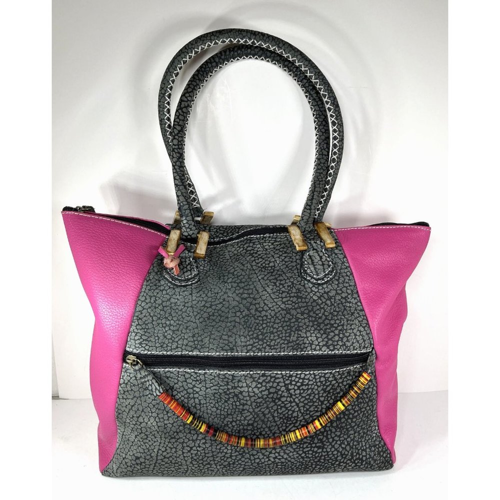 African Lily Pink and Gray Leather Tote Bag